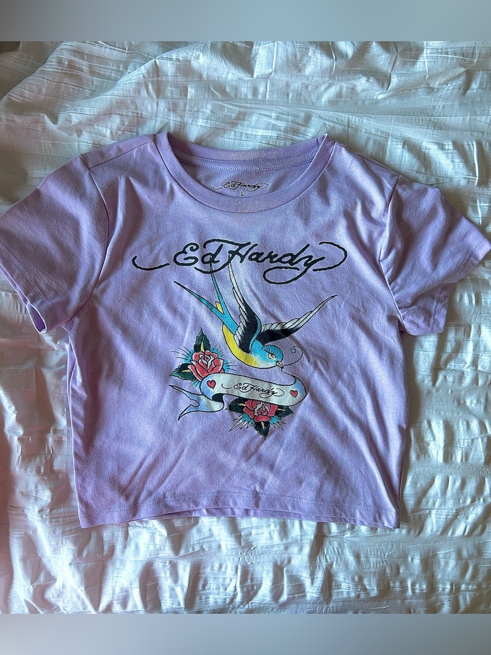Ed Hardy Lavender Tee with Blue Swallow & Pink Rose Graphic